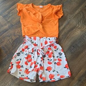 Girls Orange Top and Floral Shorts Set